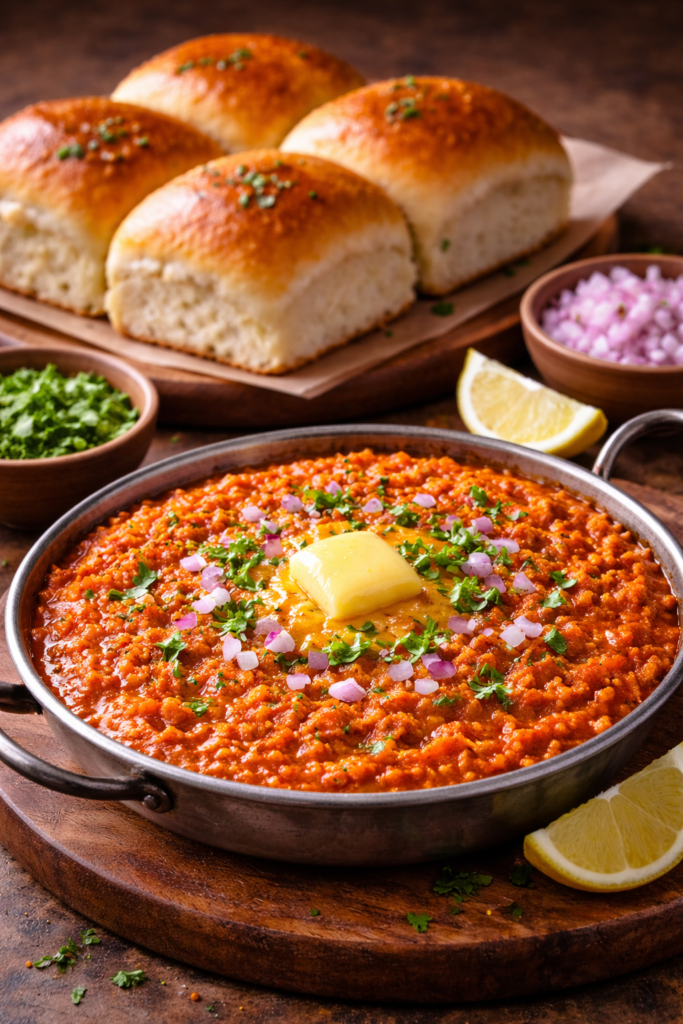 Pav bhaji served with buttered pav, chopped onions, lemon, and fresh coriander.