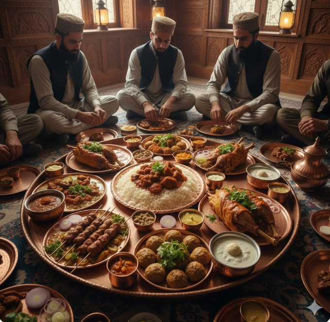 traditional Kashmiri food eating style wazwan