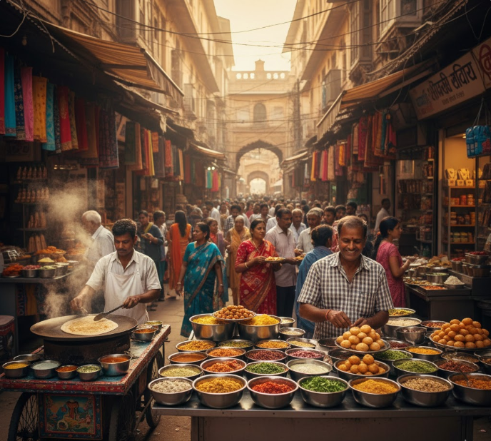 indian food travel scene (chaat stall, dosa cart, or local market)