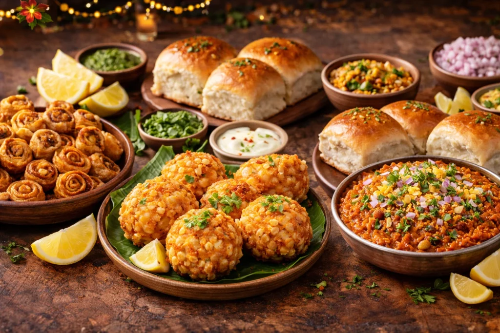 Horizontal spread of Pune street foods featuring crispy Bhakharwadi, golden Sabudana Vada on a banana leaf, spicy Misal Pav with buttered pav buns, and flavorful