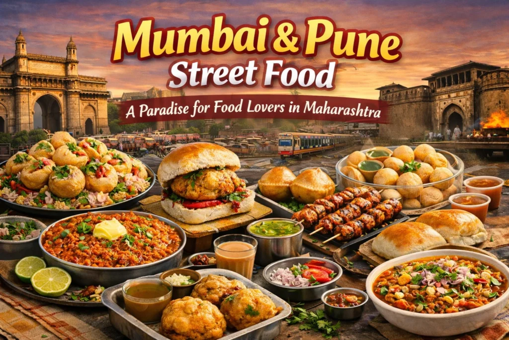 Mumbai and Pune street food spread featuring vada pav, pav bhaji, pani puri, misal pav with Gateway of India and Shaniwar Wada in the background