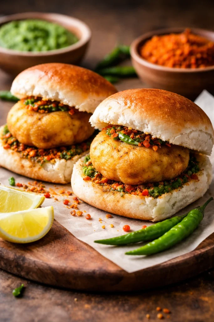 Vada pav with golden fried potato patty served in soft bun with green chutney and fried chilies